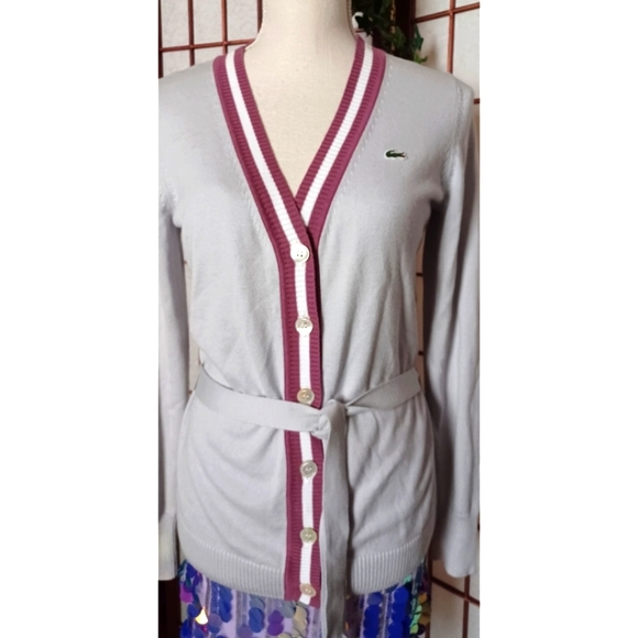 Lacoste Women's Stipe Detail Belted Button-Front Cardigan - Grey/Pink - Picture 5 of 16